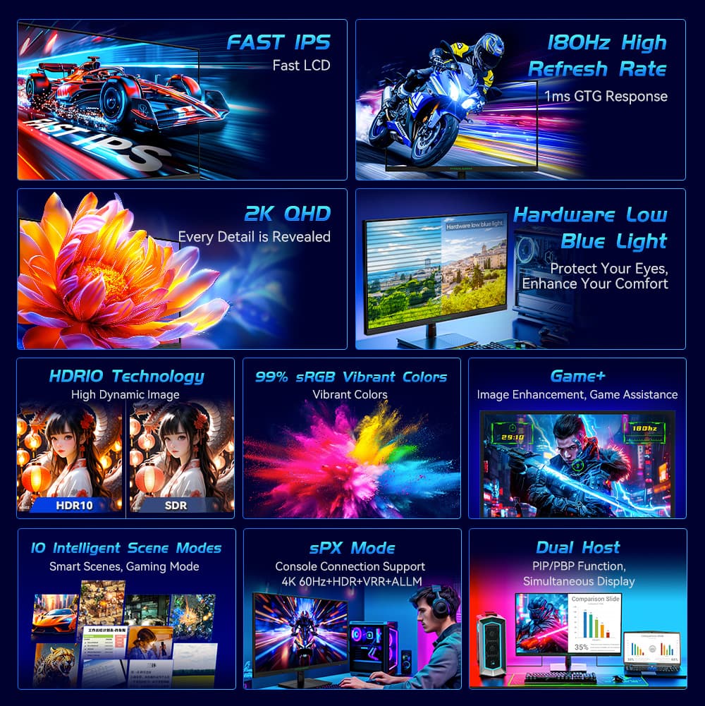 Herní monitor TITAN ARMY P27GR, 27palcový 2560*1440 rychlý IPS displej, obnovovací frekvence 180 Hz, 1 ms GTG, 99 % sRGB, HDR10, Adaptive-Sync, herní režim, dynamické optické rozlišení, PBP a PIP displej, nízká hladina modrého světla, nastavitelný náklon, montáž na stěnu VESA