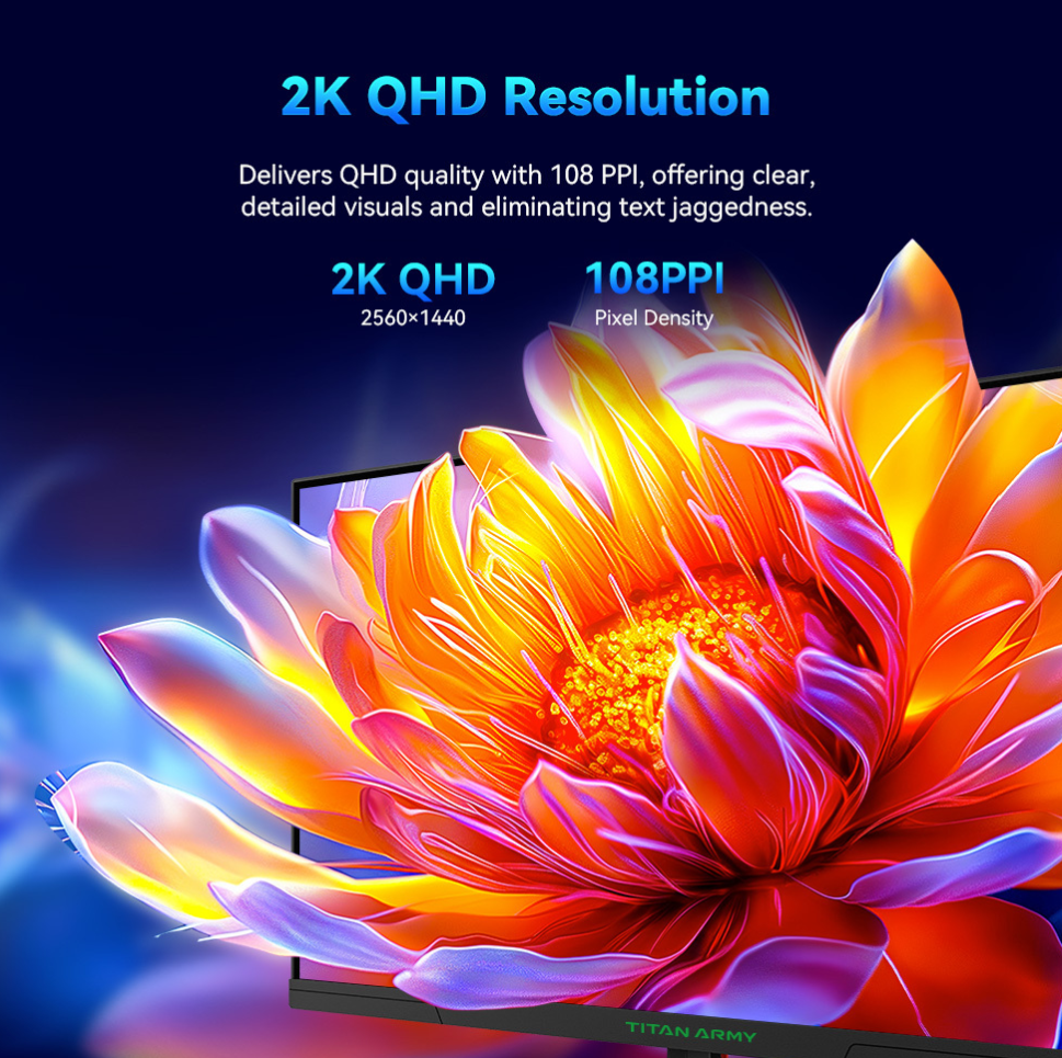 Herní monitor TITAN ARMY P27GR, 27palcový 2560*1440 16:9 rychlý IPS displej, obnovovací frekvence 180 Hz, 1 ms GTG, 99 % sRGB, HDR10, Adaptive-Sync, herní režim, dynamické optické podsvícení, PBP a PIP displej, nízká hladina modrého světla, nastavitelný náklon, montáž na zeď VESA