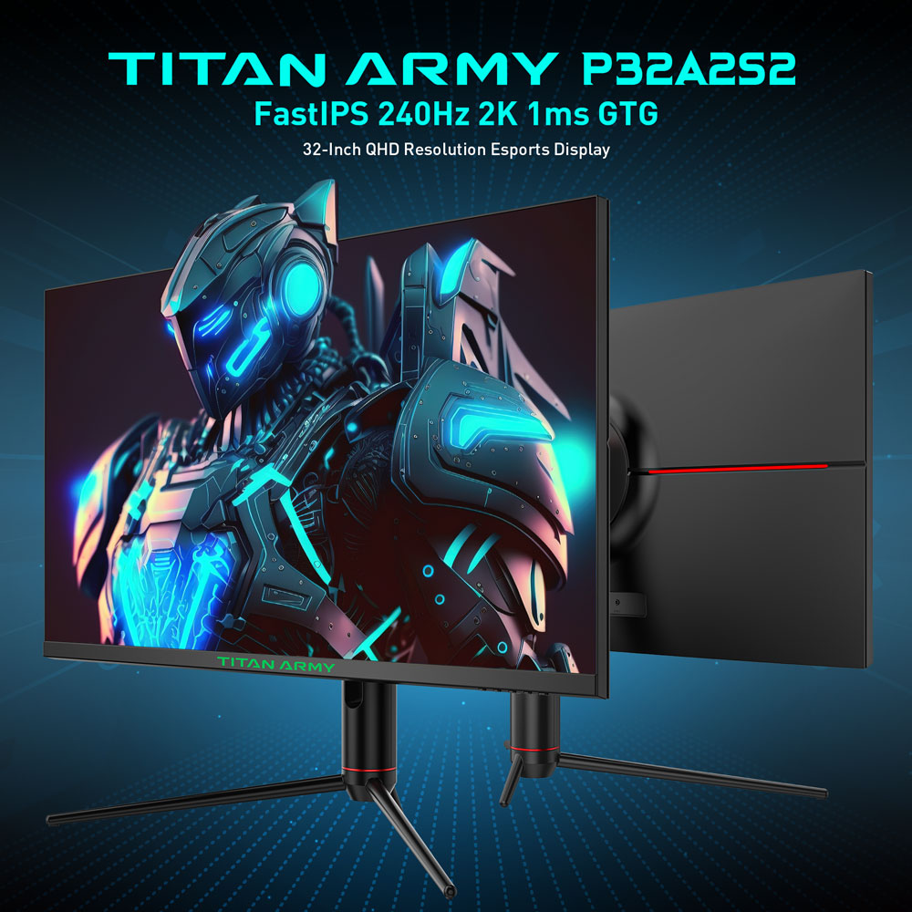 Herní monitor TITAN ARMY P32A2S2, 2560 x 1440 QHD FAST IPS panel, obnovovací frekvence 240 Hz, HDR400, 1ms GTG, režim GamePlus, adaptivní synchronizace, rozdělená obrazovka PIP/PBP, 2*HDMI 2.1 2*DP 1.4, podsvícení pro e-sporty, nastavitelný stojan