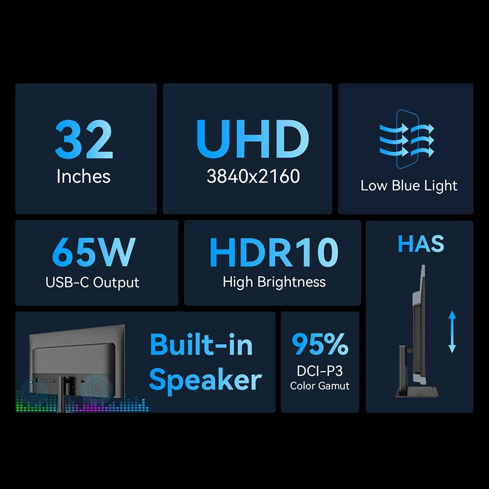 Komerční monitor TITAN ARMY P32H2U, 32palcová obrazovka s rozlišením 3840x2160 4K UHD, obnovovací frekvence 60 Hz, jas HDR10, nízká hladina modrého světla, vestavěný reproduktor, 95% barevný gamut DCI-P3, 65W plně vybavený port USB-C, držák VESA