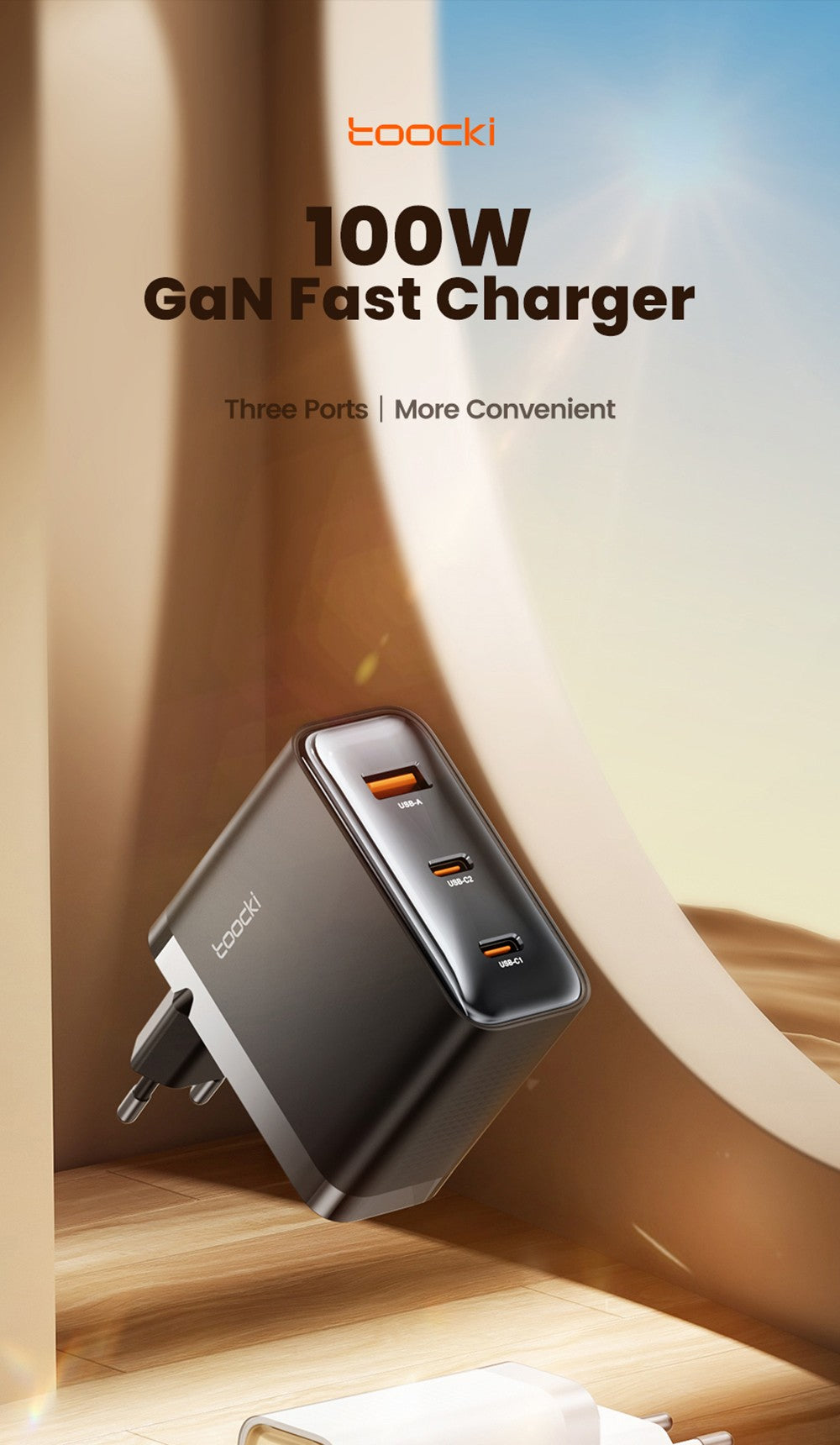 Nabíječka Toocki TCT100-XRB 100W GaN USB, trojitý port PD 3.0, pro iPhone, Huawei, Samsung, tablety a mobilní telefony