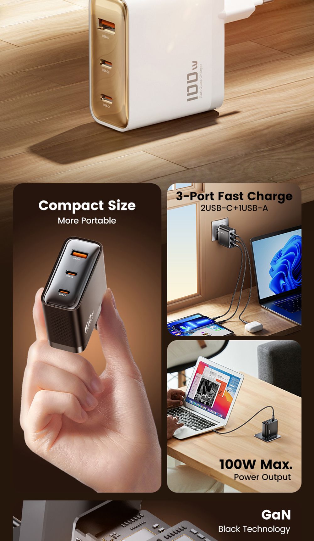 Nabíječka Toocki TCT100-XRB 100W GaN USB, trojitý port PD 3.0, pro iPhone, Huawei, Samsung, tablety a mobilní telefony