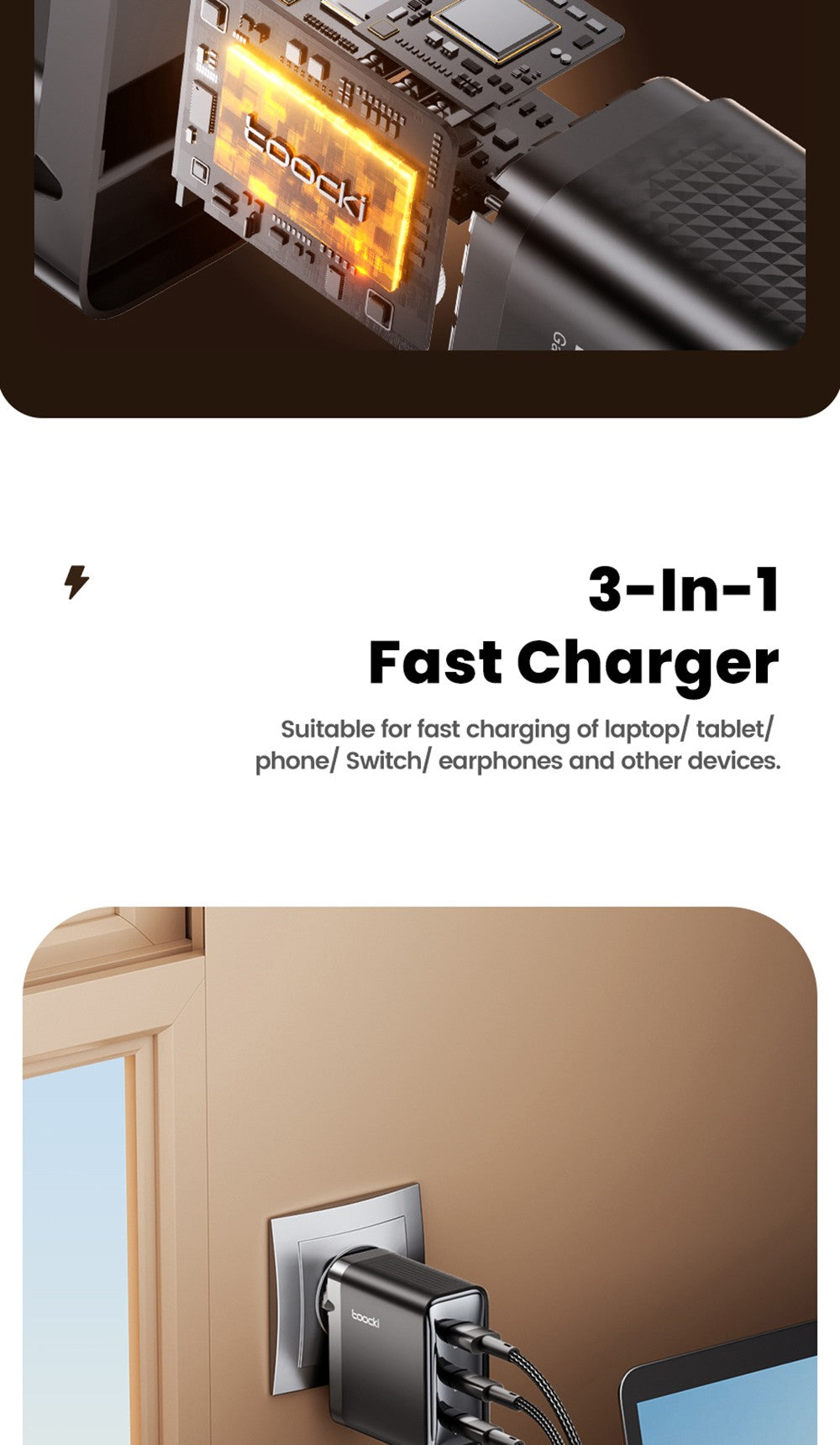 Nabíječka Toocki TCT100-XRB 100W GaN USB, trojitý port PD 3.0, pro iPhone, Huawei, Samsung, tablety a mobilní telefony