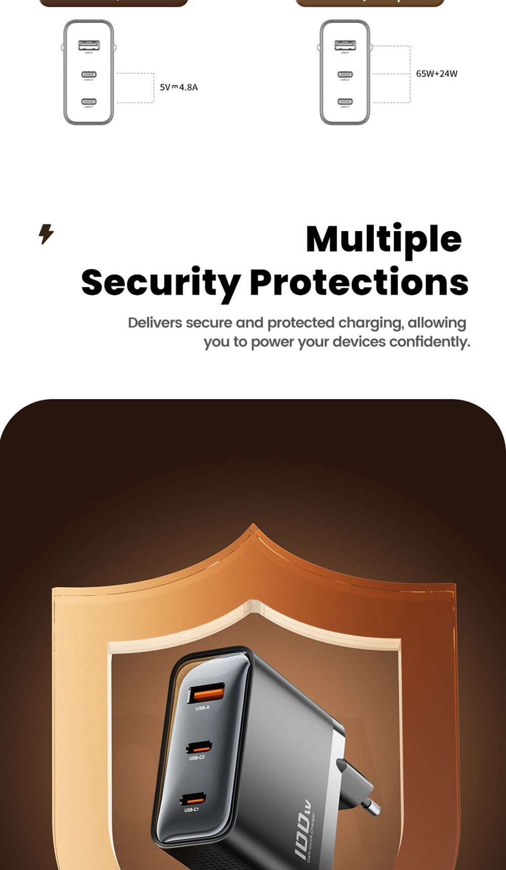 Nabíječka Toocki TCT100-XRB 100W GaN USB, trojitý port PD 3.0, pro iPhone, Huawei, Samsung, tablety a mobilní telefony