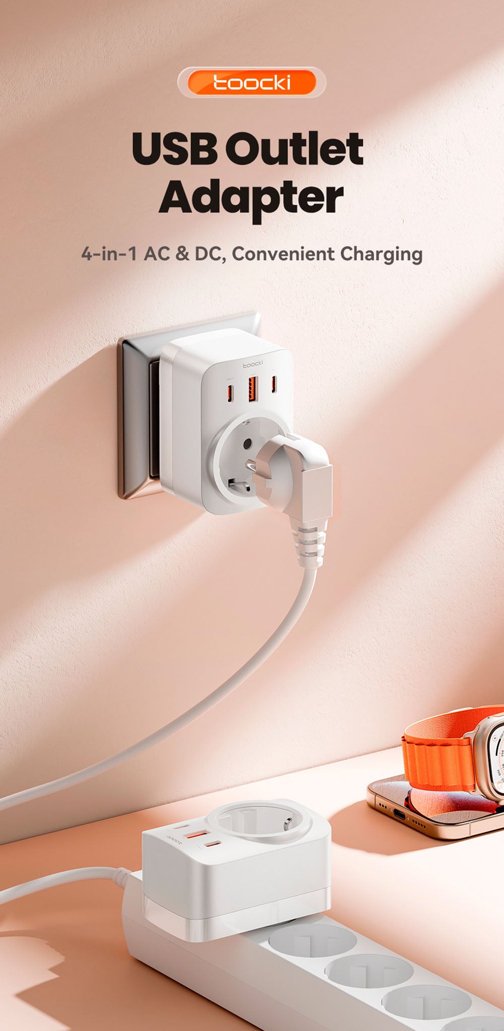 Prodlužovač zásuvek Toocki TCT30-X0Z8 PD30W, tři porty pro rychlé nabíjení, 3680W AC zásuvka, technologie GaN, černá