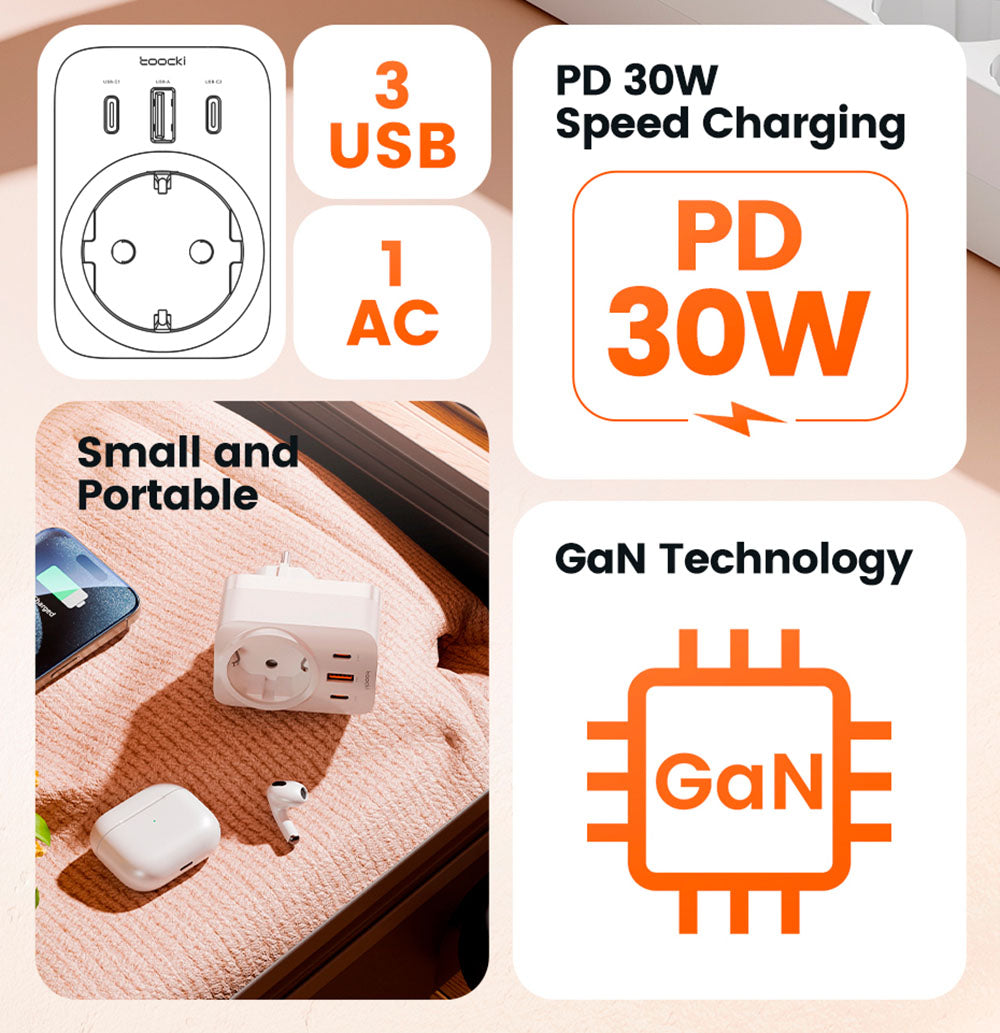 Prodlužovač zásuvek Toocki TCT30-X0Z8 PD30W, trojitý port pro rychlé nabíjení, 3680W AC zásuvka, technologie GaN, černá