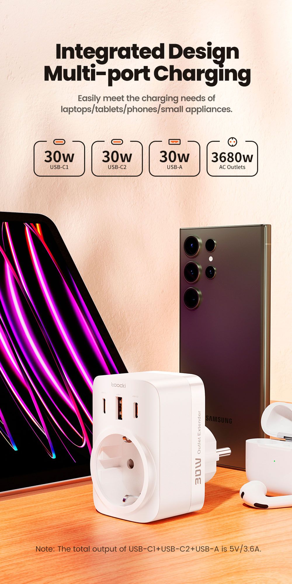 Prodlužovač zásuvek Toocki TCT30-X0Z8 PD30W, tři porty pro rychlé nabíjení, 3680W AC zásuvka, technologie GaN, černá