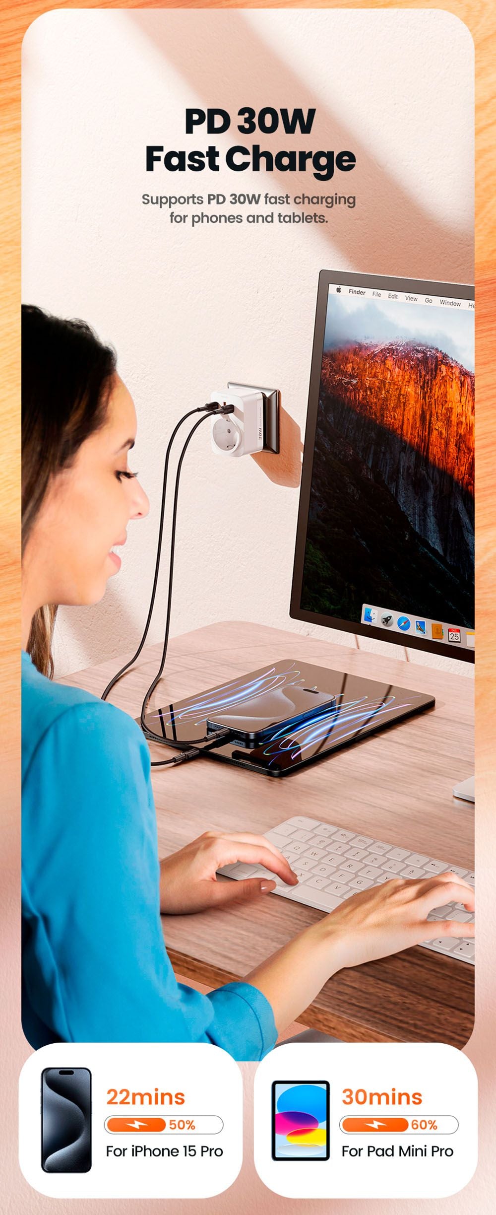 Prodlužovač zásuvek Toocki TCT30-X0Z8 PD30W, trojitý port pro rychlé nabíjení, 3680W AC zásuvka, technologie GaN, černá