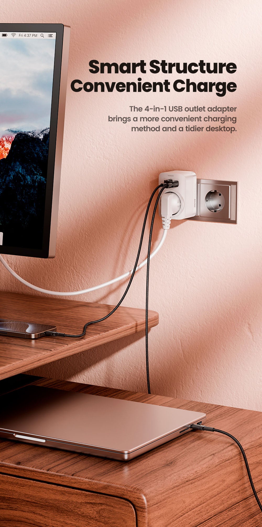 Prodlužovač zásuvek Toocki TCT30-X0Z8 PD30W, tři porty pro rychlé nabíjení, 3680W AC zásuvka, technologie GaN, černá