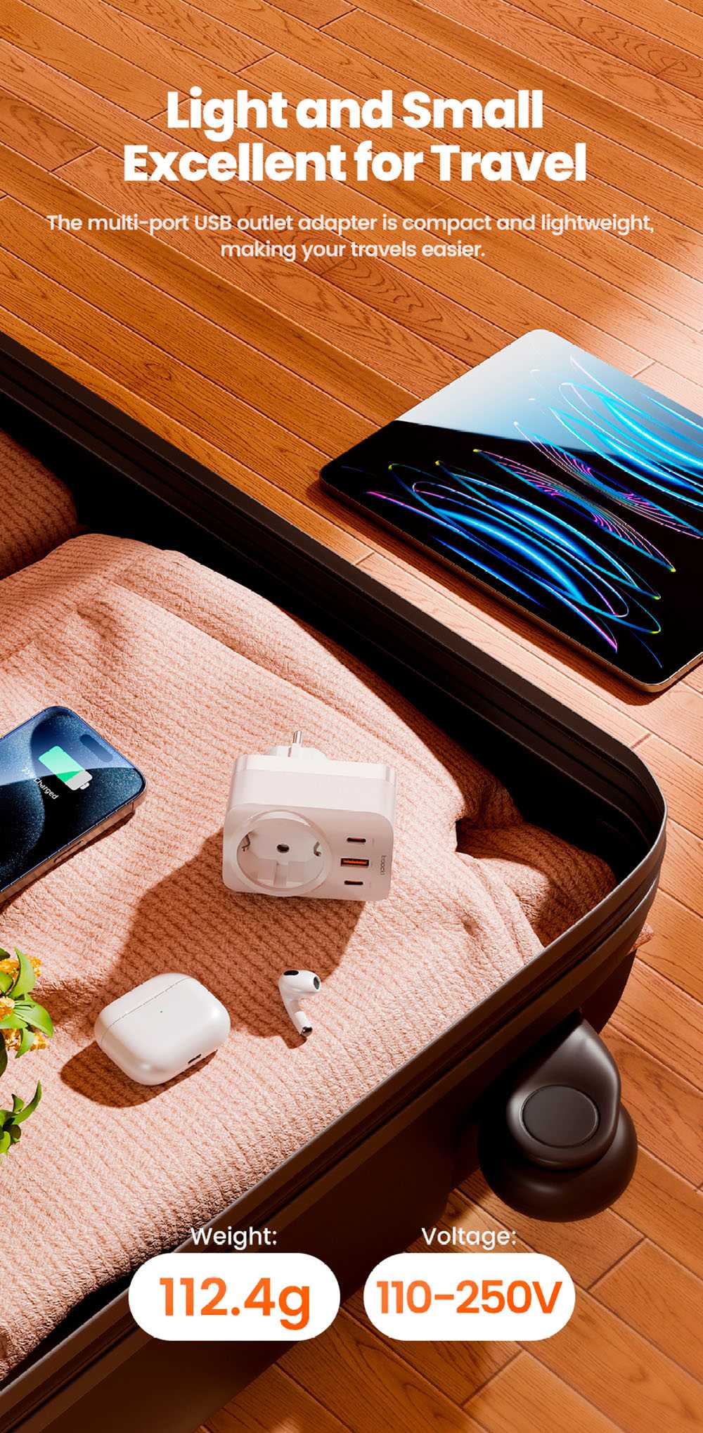 Prodlužovač zásuvek Toocki TCT30-X0Z8 PD30W, tři porty pro rychlé nabíjení, 3680W AC zásuvka, technologie GaN, černá