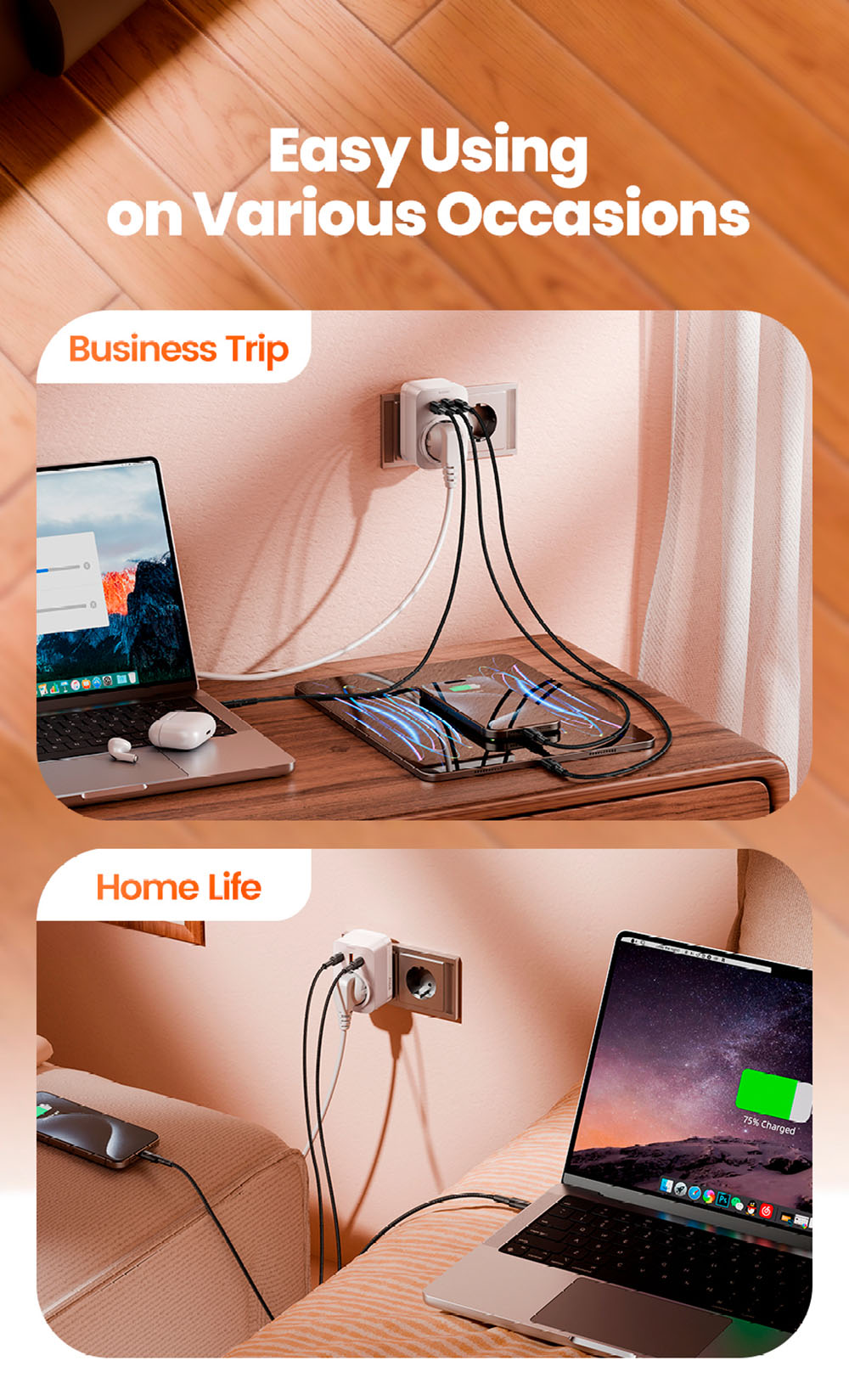 Prodlužovač zásuvek Toocki TCT30-X0Z8 PD30W, tři porty pro rychlé nabíjení, 3680W AC zásuvka, technologie GaN, černá