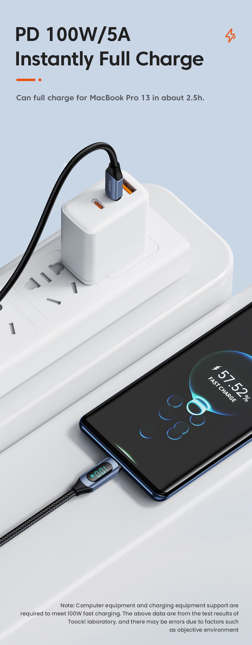 Rychlonabíjecí kabel Toocki TXCTT1-XY01 PD 100W, 5A, chytrý digitální displej, čip E-Marker, přenos dat 480 Mbps, opletený nylon, modrý - 1 m