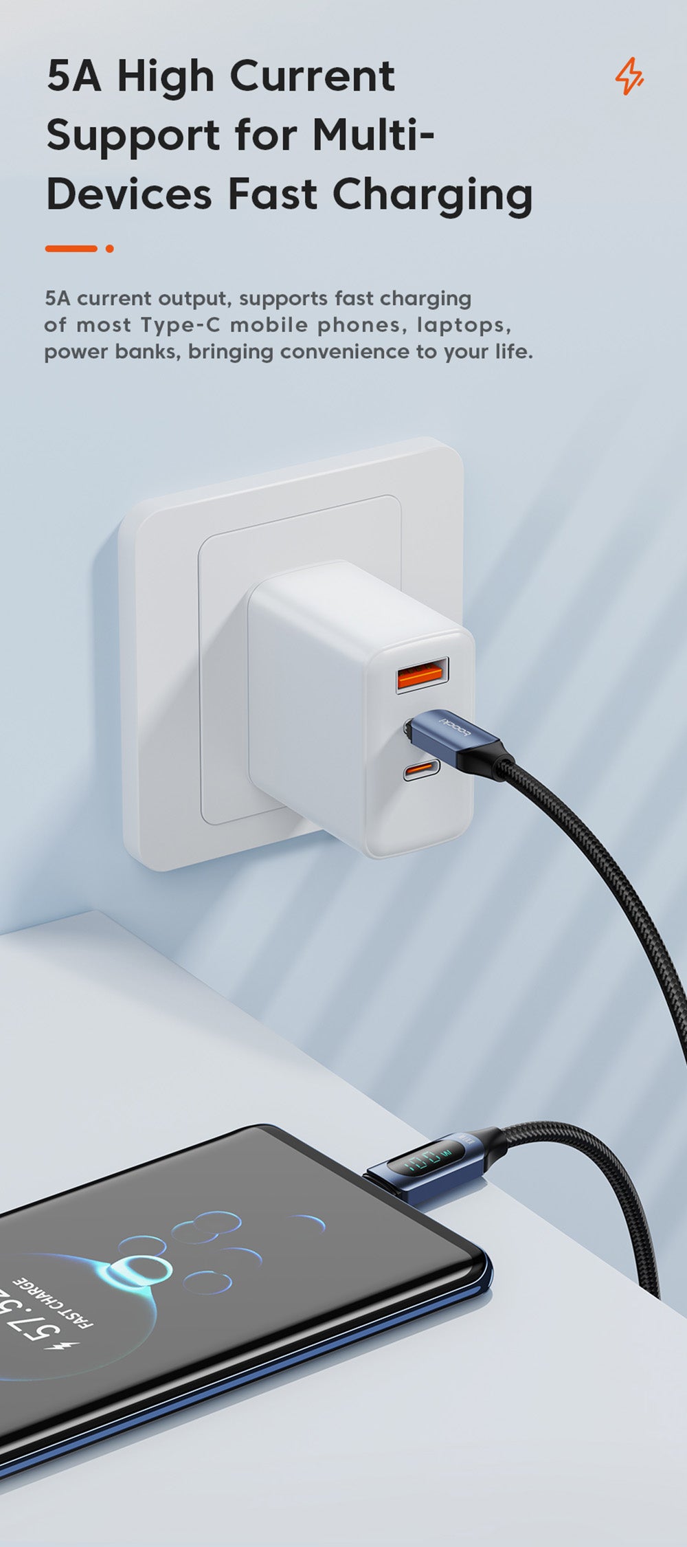 Rychlonabíjecí kabel Toocki TXCTT1-XY01 PD 100W, 5A, chytrý digitální displej, čip E-Marker, přenos dat 480 Mbps, opletený nylon, modrý - 1 m