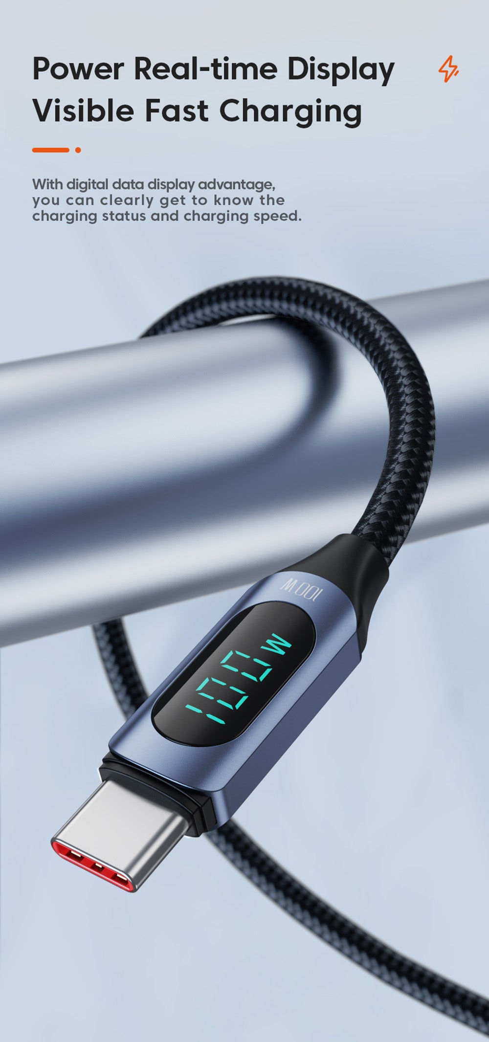 Rychlonabíjecí kabel Toocki TXCTT1-XY01 PD 100W, 5A, chytrý digitální displej, čip E-Marker, přenos dat 480 Mbps, opletený nylon, modrý - 1 m