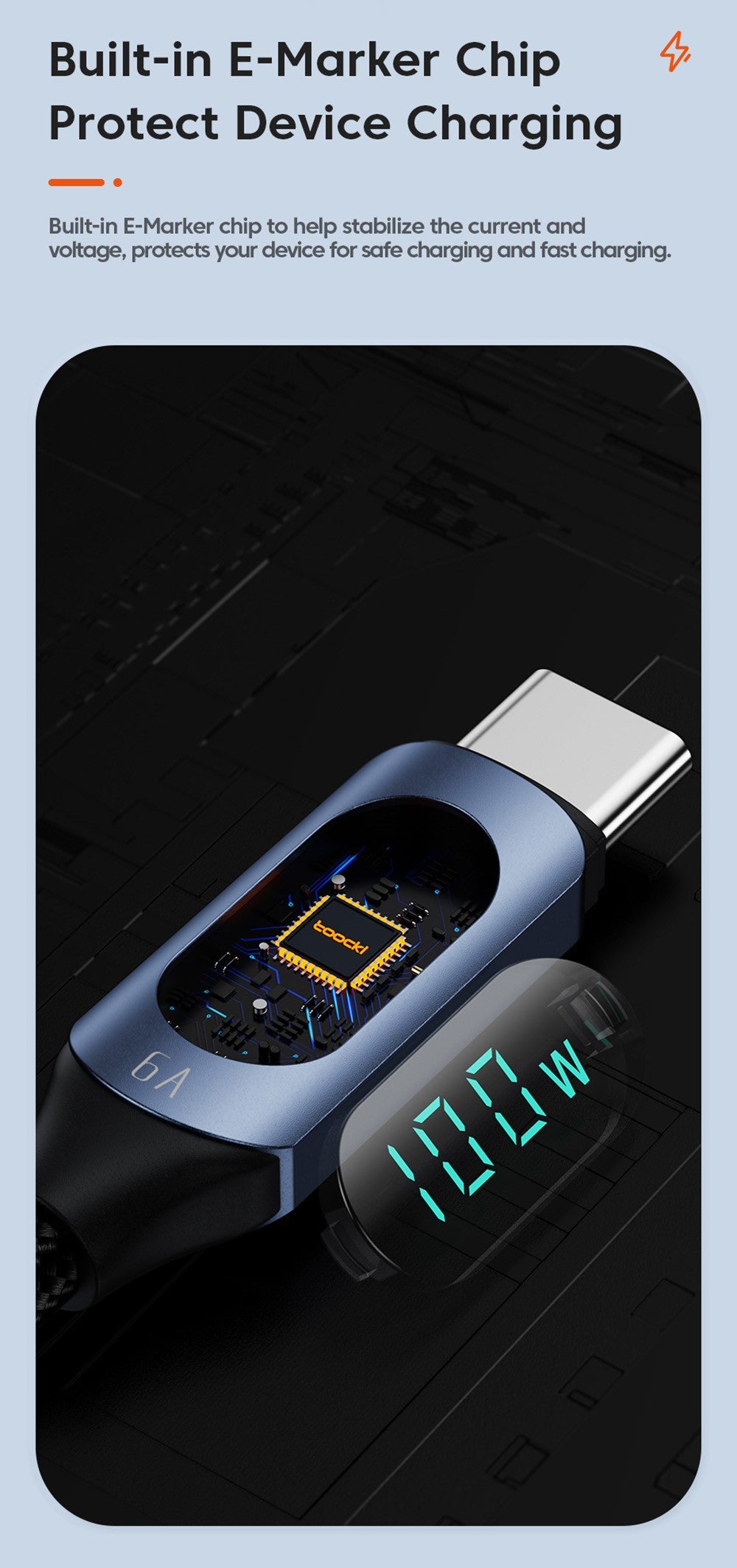 Rychlonabíjecí kabel Toocki TXCTT1-XY01 PD 100W, 5A, chytrý digitální displej, čip E-Marker, přenos dat 480 Mbps, opletený nylon, modrý - 1 m