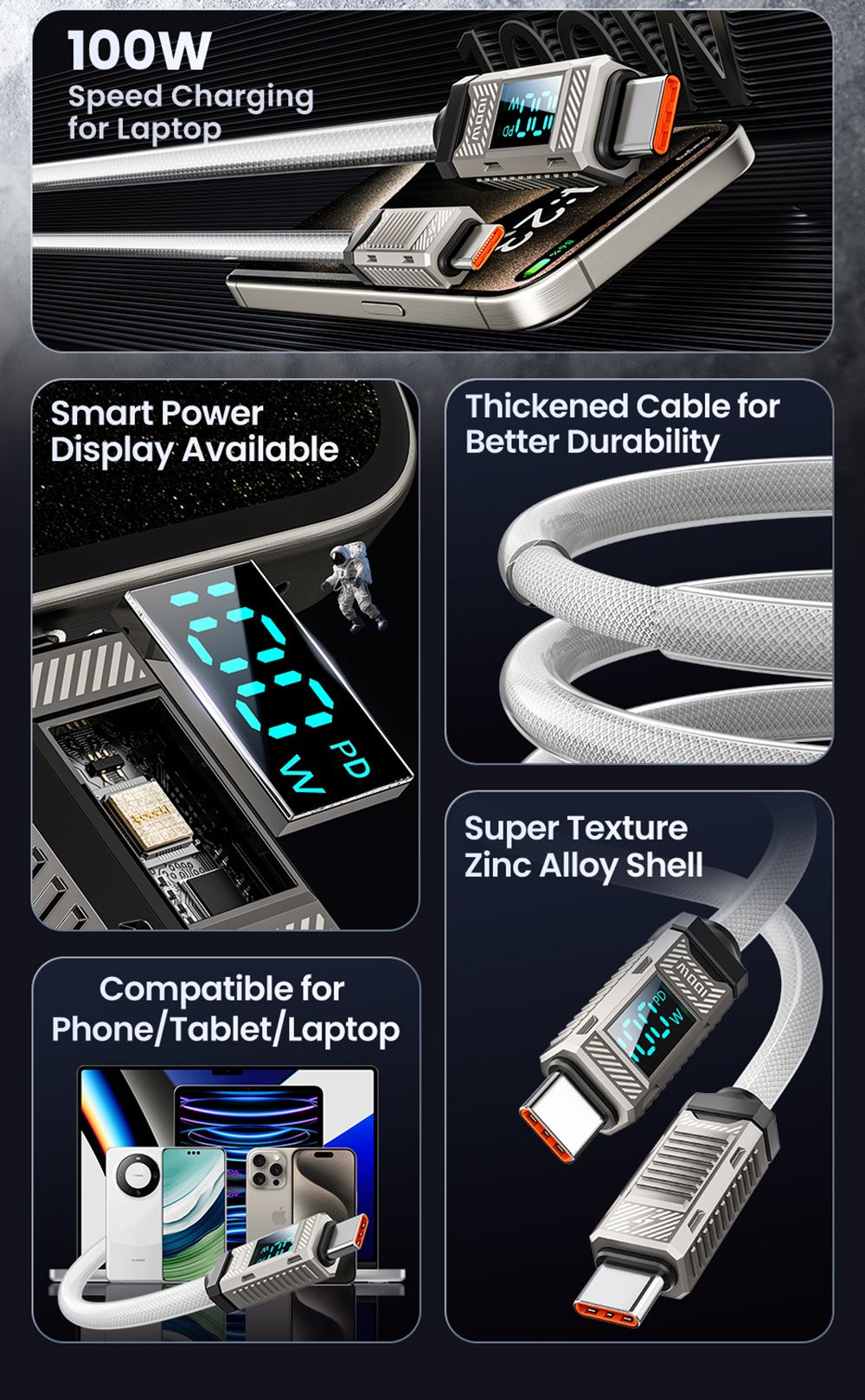 Toocki TXCTT1-ZFZA01 100W rychlonabíjecí kabel, LED displej, opletená zinková slitina, přenos dat 480 Mbps, bílý - 1 m