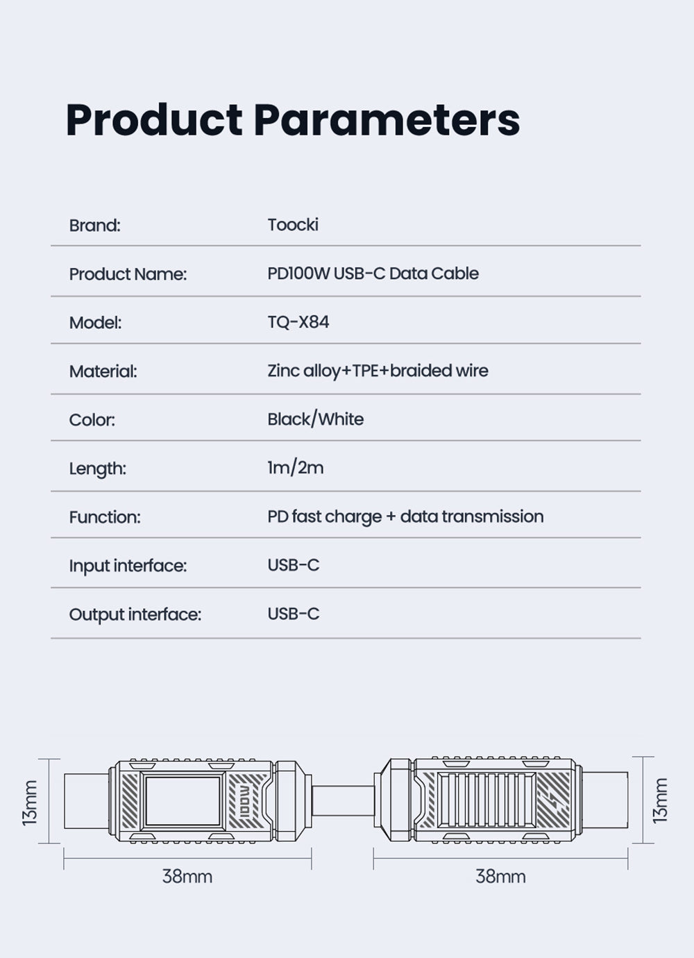Toocki TXCTT1-ZFZA01 100W rychlonabíjecí kabel, LED displej, opletená zinková slitina, přenos dat 480 Mbps, bílý - 1 m