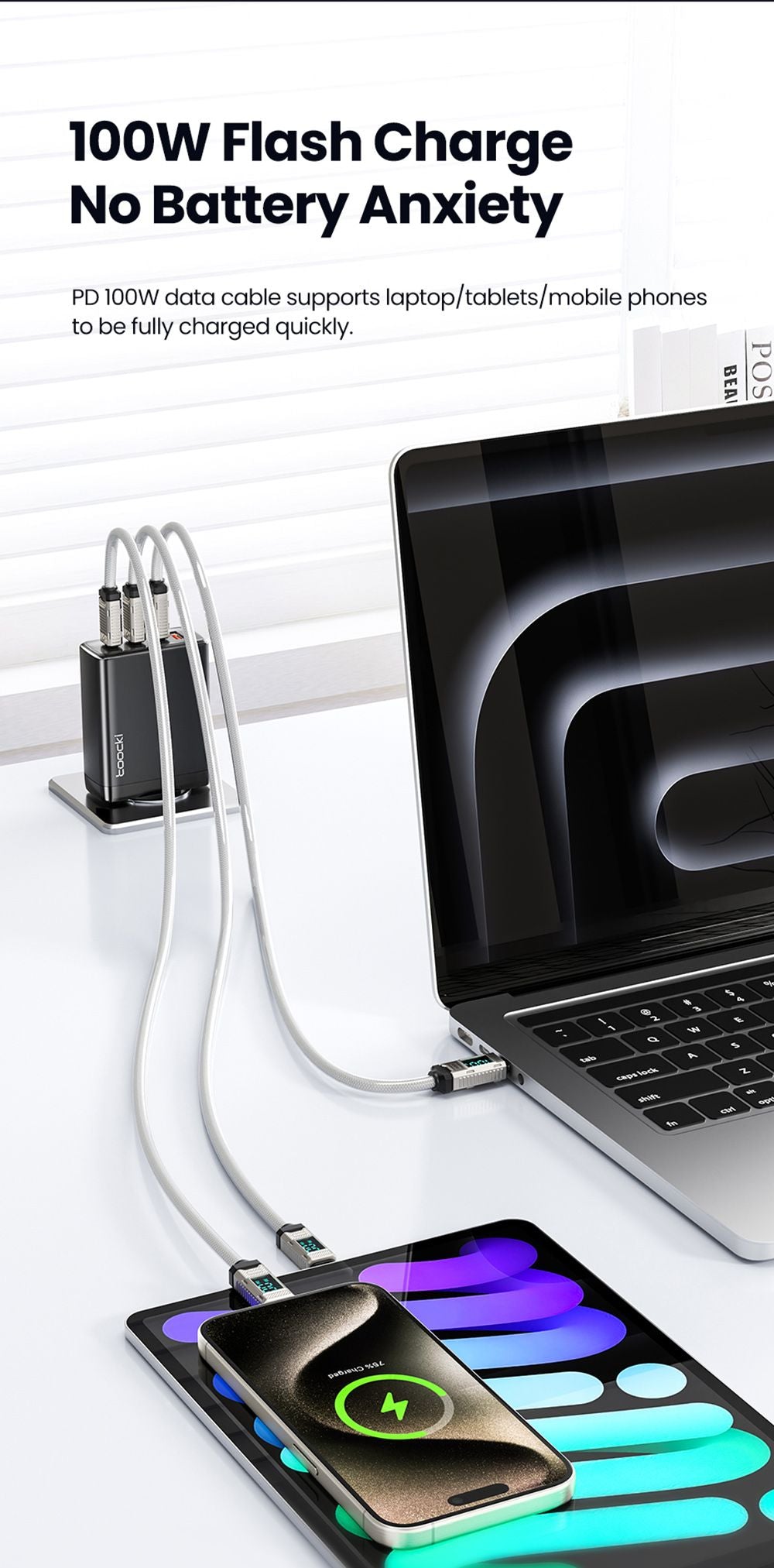 Toocki TXCTT1-ZFZA01 100W rychlonabíjecí kabel, LED displej, opletená zinková slitina, přenos dat 480 Mbps, bílý - 1 m