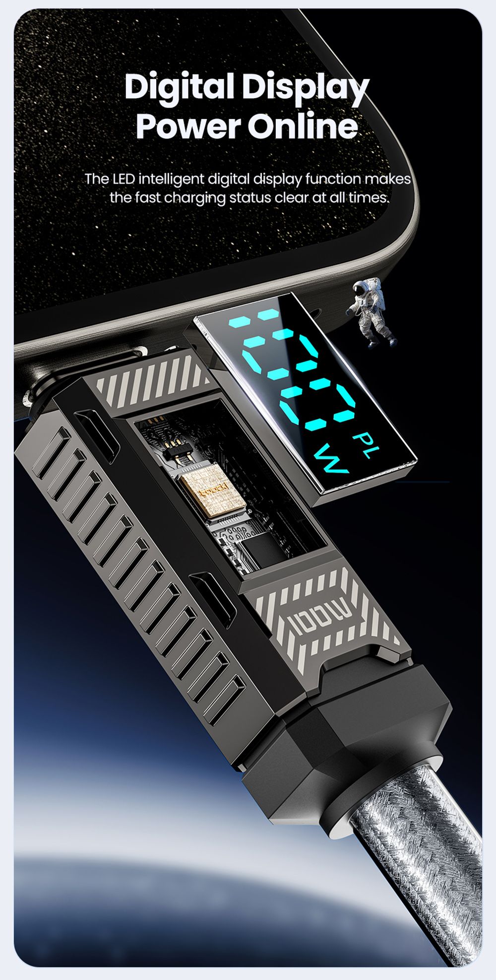 Toocki TXCTT1-ZFZA01 100W rychlonabíjecí kabel, LED displej, opletená zinková slitina, přenos dat 480 Mbps, bílý - 1 m