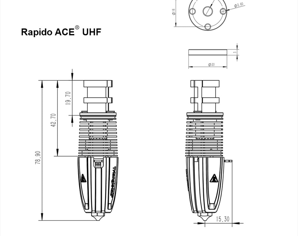 Trianglelab Rapido ACE UHF Hotend - termistor PT1000, kompatibilní s Dragon/Rapido, adaptér V6