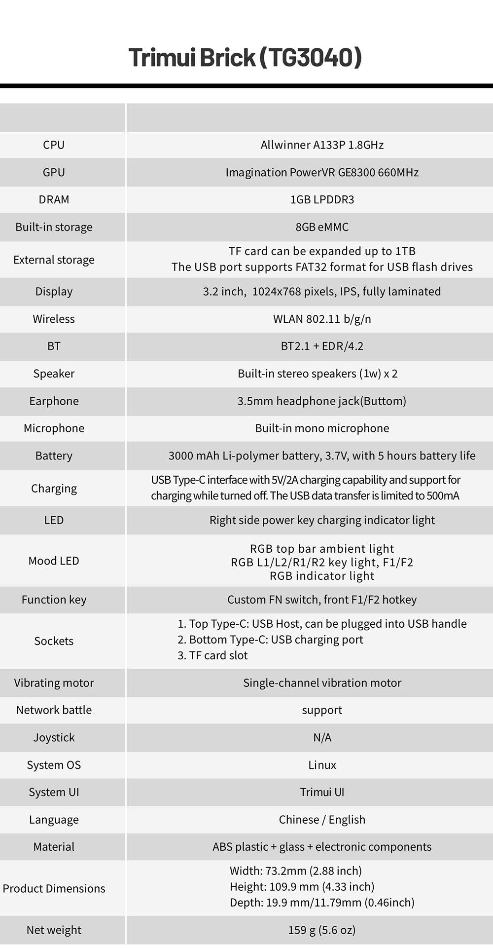 Kapesní herní konzole Trimui Brick, 256GB TF karta, 3,2palcový IPS displej s rozlišením 1024*768, 8GB eMMC úložiště, 5hodinová výdrž baterie, rychlé nabíjení typu C - černá