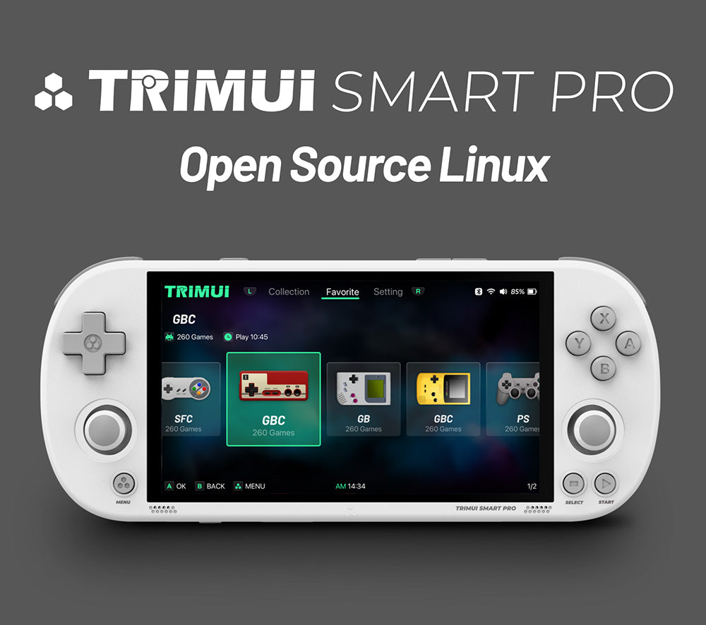 Ruční herní konzole TRIMUI Smart Pro, 4,96palcový IPS displej, operační systém Linux, 1 GB RAM, 8 GB úložiště, 256 GB TF karta, 5 hodin přehrávání - šedá