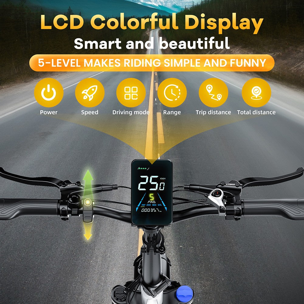 Elektrokolo TTGO F6, motor 250 W, baterie 36 V 25 Ah, pneumatiky 20 x 4 palce, maximální rychlost 25 km/h, maximální dojezd 100 km, hydraulická kotoučová brzda, přední tlumič, senzor točivého momentu, řazení Shimano 7 rychlostí, LCD displej - bílá