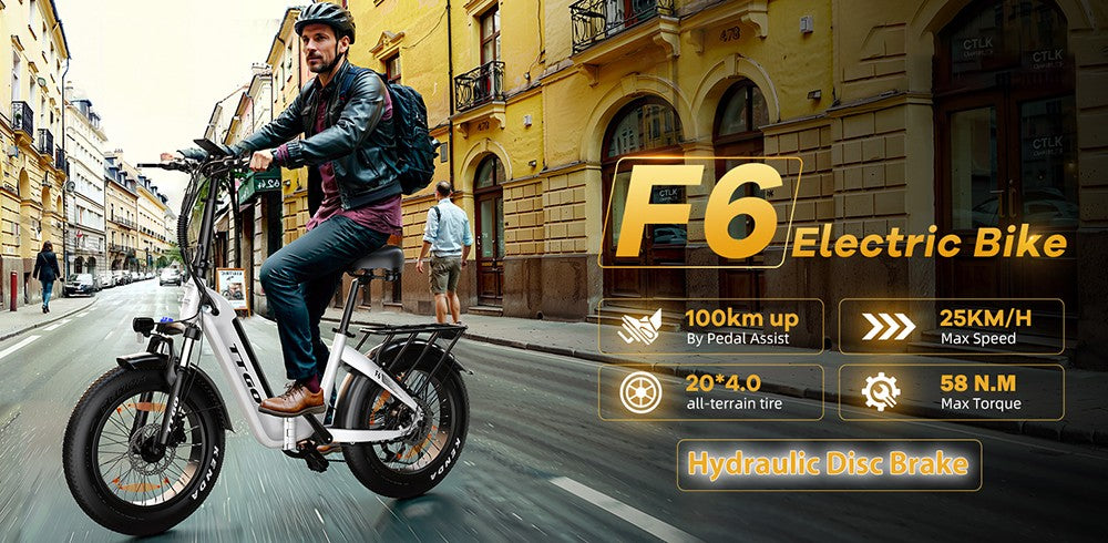 Elektrokolo TTGO F6, motor 250 W, baterie 36 V 25 Ah, pneumatiky 20 x 4 palce, maximální rychlost 25 km/h, maximální dojezd 100 km, hydraulická kotoučová brzda, přední tlumič, senzor točivého momentu, řazení Shimano 7 rychlostí, LCD displej - bílá