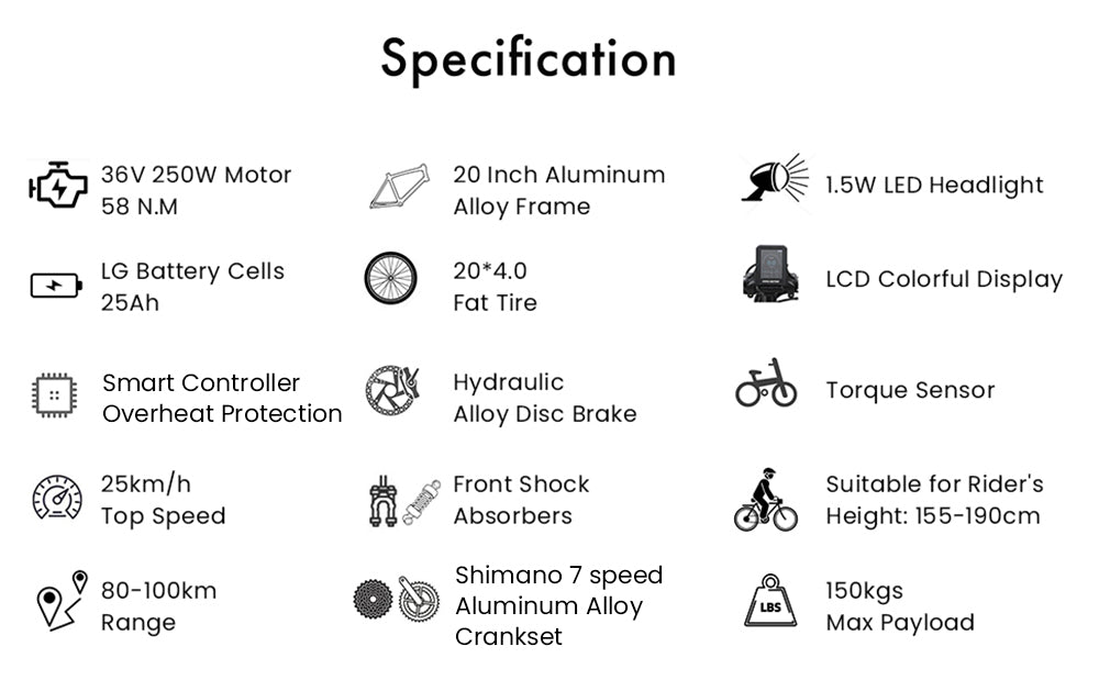 Elektrokolo TTGO F6, motor 250 W, baterie 36 V 25 Ah, pneumatiky 20 x 4 palce, maximální rychlost 25 km/h, maximální dojezd 100 km, hydraulická kotoučová brzda, přední tlumič, senzor točivého momentu, řazení Shimano 7 rychlostí, LCD displej - bílá