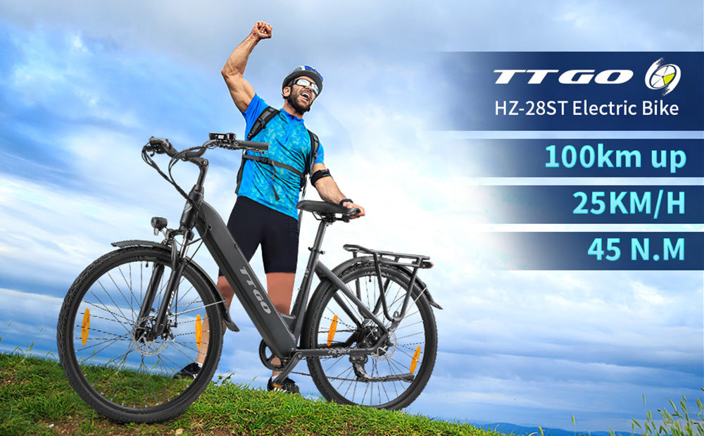 Elektrokolo TTGO HZ-28ST, motor 250 W, baterie 36 V 20 Ah, pneumatiky 700 °C * 45 °C, maximální rychlost 25 km/h, maximální dojezd 100 km, kotoučová brzda, řazení Shimano 7 rychlostí, LCD displej - bílá