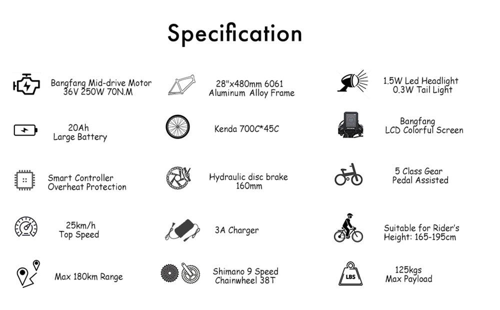 Elektrokolo TTGO LK-ZZ-28ST, motor 250 W, baterie 36 V 20 Ah, pneumatiky 700 °C * 45 °C, maximální rychlost 25 km/h, dojezd 180 km, hydraulická kotoučová brzda, řazení Shimano 9 rychlostí, LCD displej - černé