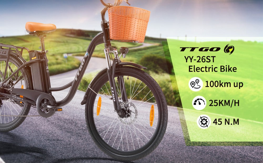 Elektrokolo TTGO YY-26ST, motor 250 W, baterie 36 V 14,5 Ah, pneumatiky 26*1,95 palce, maximální rychlost 25 km/h, maximální dojezd 100 km, kotoučová brzda, řazení SHIMANO 6 rychlostí, LED displej - černé