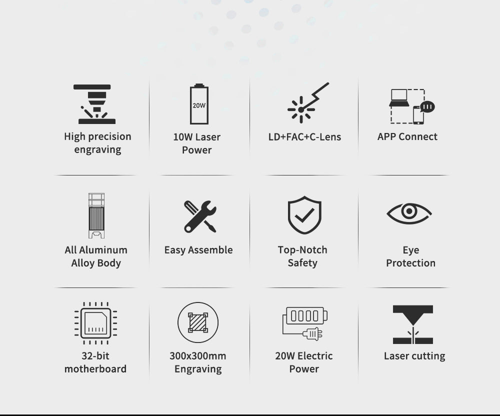 Laserová gravírka/řezačka TWO TREES TTS-10 Pro 10W, rychlost gravírování 30000 mm/min, 300x300 mm, připojení k aplikaci, dálkové ovládání