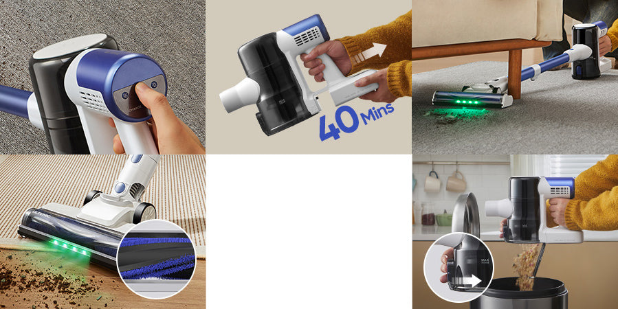 Bezdrátový vysavač Ultenic U10 Ultra, sací výkon 40 kPa, digitální motor 450 W, samostatně stojící, teleskopická trubice, doba provozu 40 minut, vestavěná svítilna, otočení o 180°