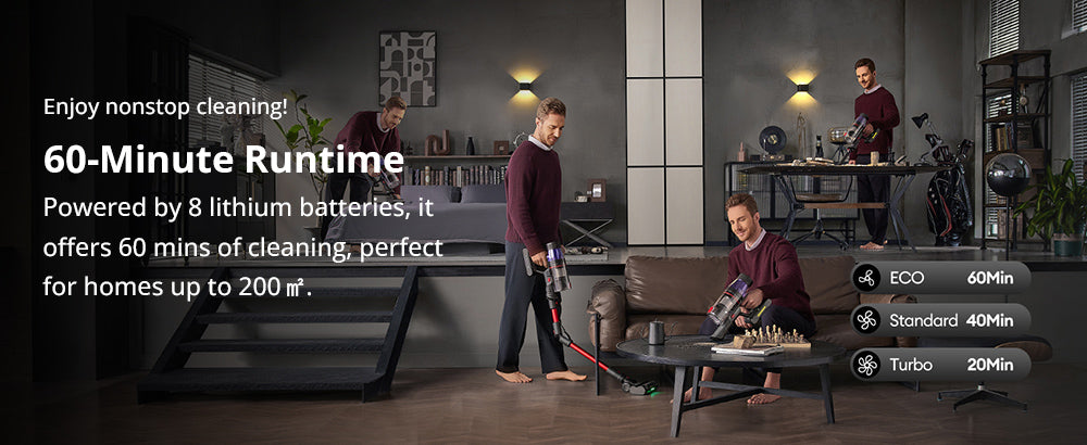 Bezdrátový vysavač Ultenic U16 Flex, sací výkon 45 000 Pa, doba provozu 60 minut, flexibilní tyč o 180°, kartáč proti zamotání, zelené světlo, LED displej, nabíjení na zeď