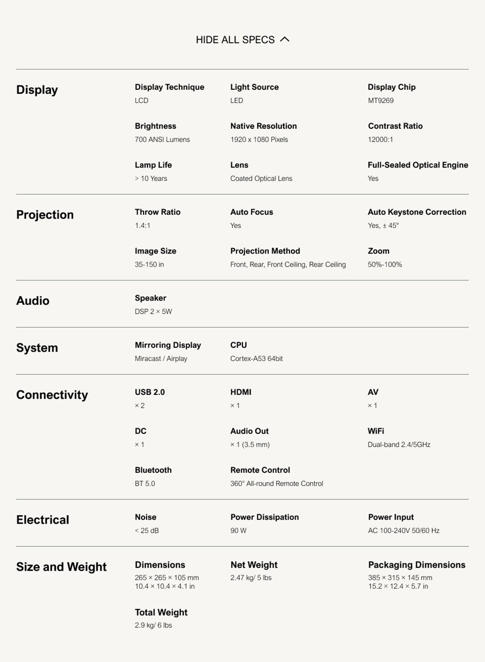 Přenosný projektor ULTIMEA Apollo P10, 300 ANSI, dekódování 1080p, nativní 720p, WiFi 2,4 GHz/5 GHz