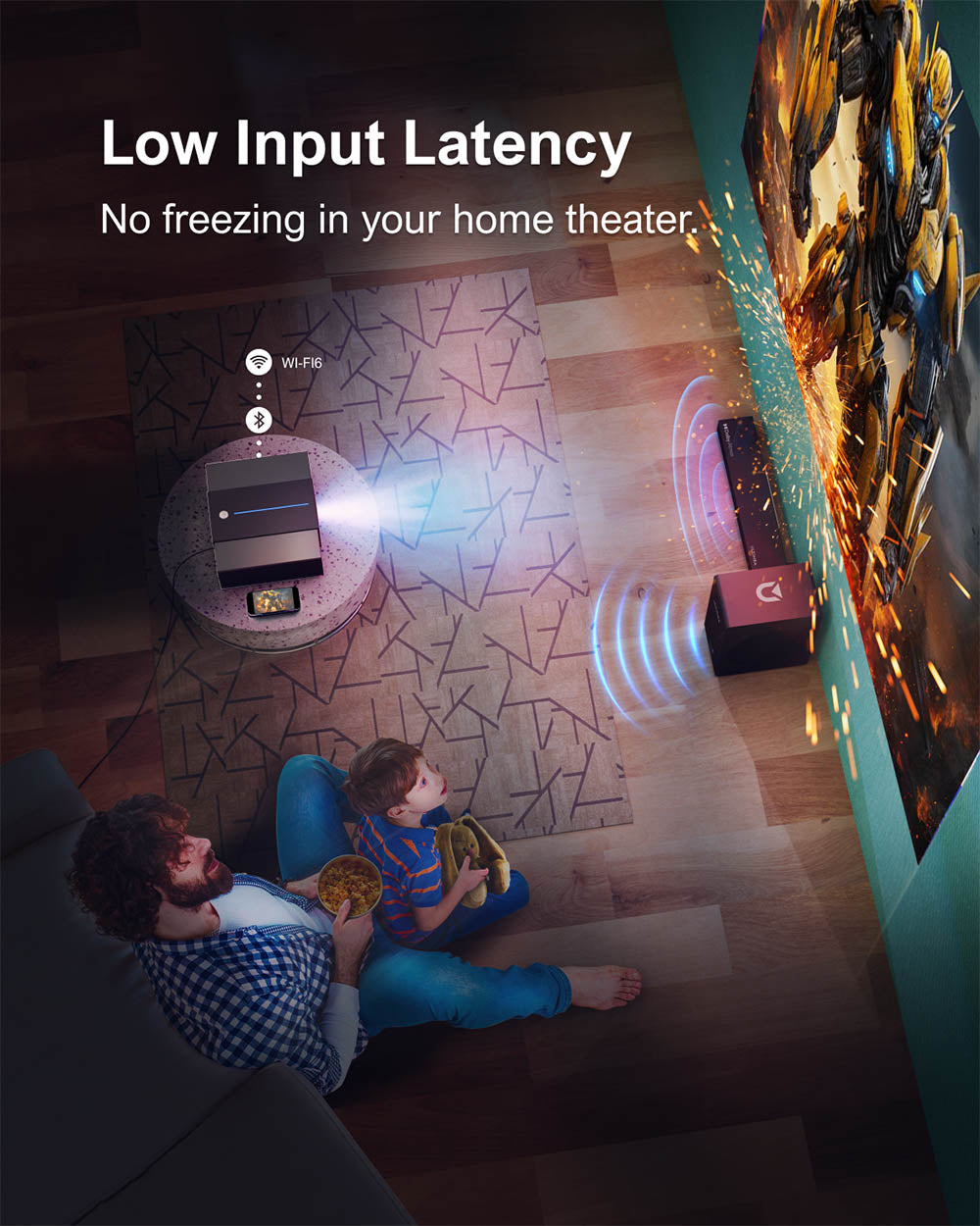 Projektor Ultimea Apollo P60, 900 ANSI lumenů, nativní rozlišení 1080p, podpora 4K, automatické ostření a 6D automatická korekce lichoběžníkového zkreslení, Bluetooth 5.3