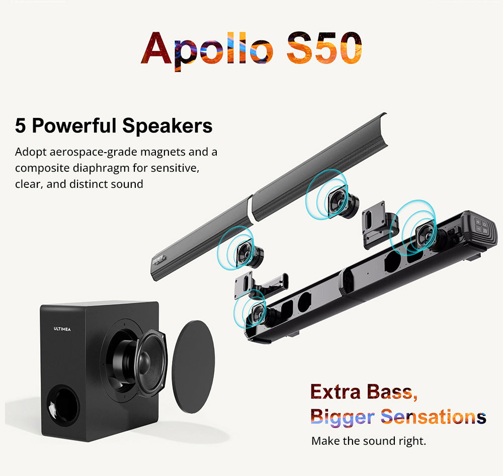 Odnímatelný soundbar Ultimea Apollo S50 se subwooferem, Bluetooth 5.3, nastavitelnou úrovní basů a 3 režimy ekvalizéru