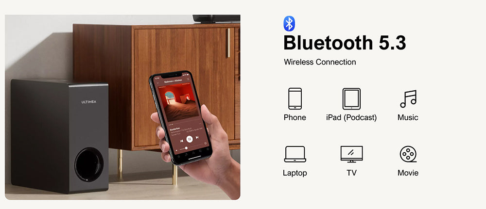 Ultimea Apollo S50 4.1kanálový odnímatelný soundbar se subwooferem, Bluetooth 5.3, nastavitelná úroveň basů, 3 režimy ekvalizéru
