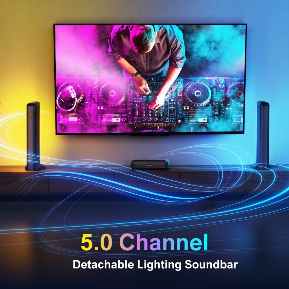 Soundbar Apollo S70 Lighting s 5.0 kanály, odnímatelnou konstrukcí, ovládáním přes aplikaci, dynamickým RGB podsvícením, 121 přednastavenými ekvalizačními maticemi