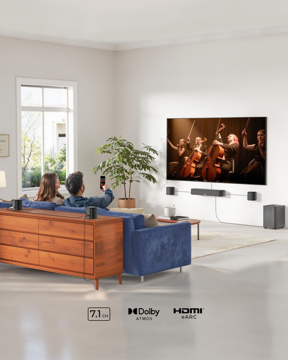 ULTIMEA Aura A60 7.1 soundbar, chytrá aplikace a hlasové ovládání, technologie BassMX, špičkový výkon 350 W, HDMI eARC, 4 prostorové reproduktory, pro chytré televizory