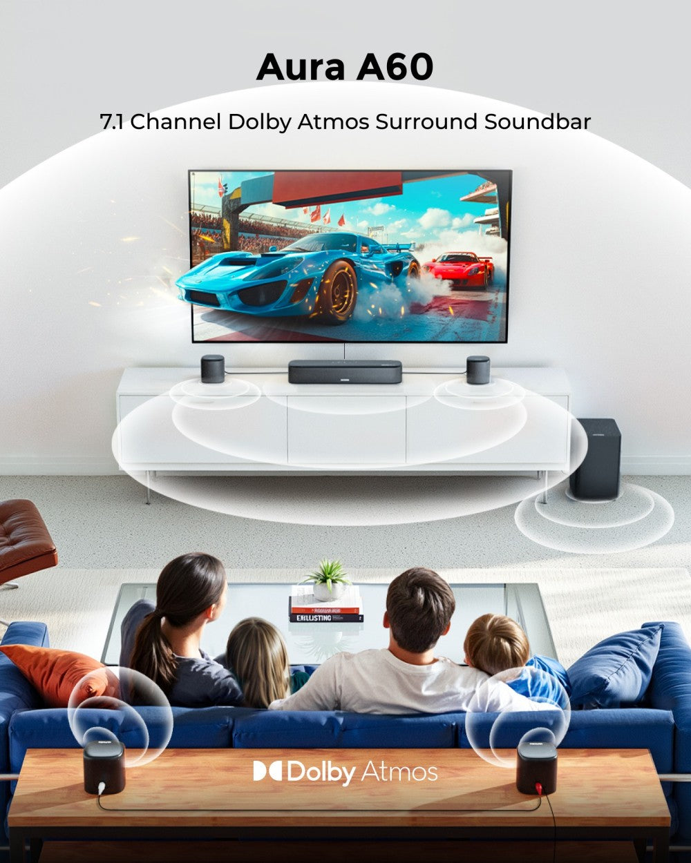 ULTIMEA Aura A60 7.1 soundbar, chytrá aplikace a hlasové ovládání, technologie BassMX, špičkový výkon 350 W, HDMI eARC, 4 prostorové reproduktory, pro chytré televizory