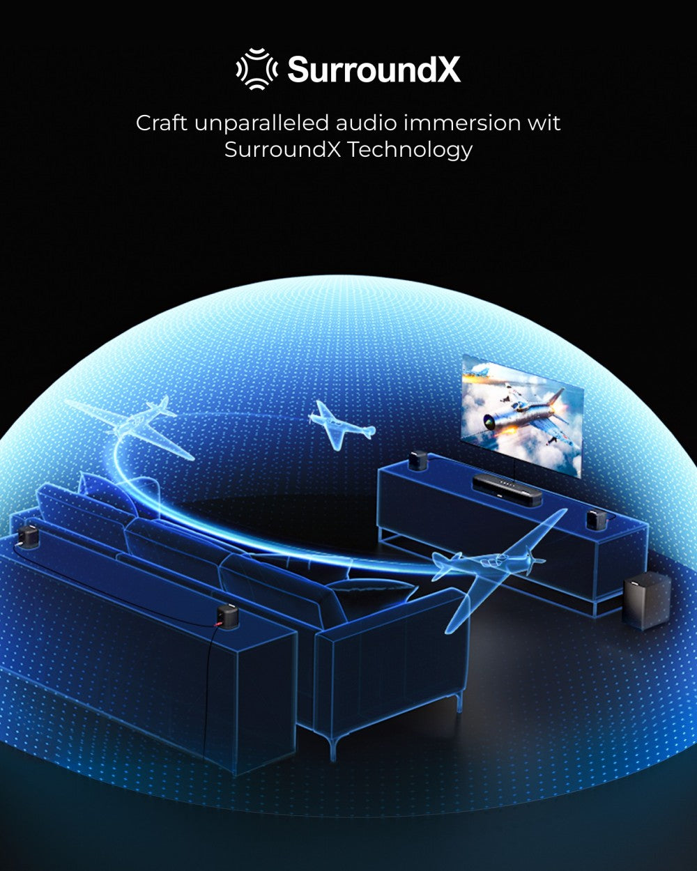 ULTIMEA Aura A60 7.1 soundbar, chytrá aplikace a hlasové ovládání, technologie BassMX, špičkový výkon 350 W, HDMI eARC, 4 prostorové reproduktory, pro chytré televizory