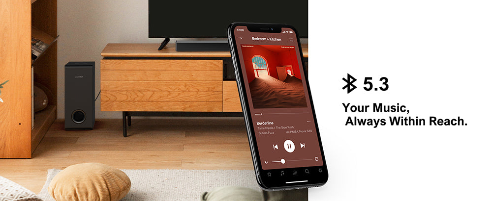 Soundbar ULTIMEA Nova S40 s kabelovým subwooferem, 2.1 kanálový, dálkové ovládání, režim Film/Hudba/Hra, připojení ARC/optické/AUX/USB/Bluetooth 5.3, pro hraní her s TV a PC