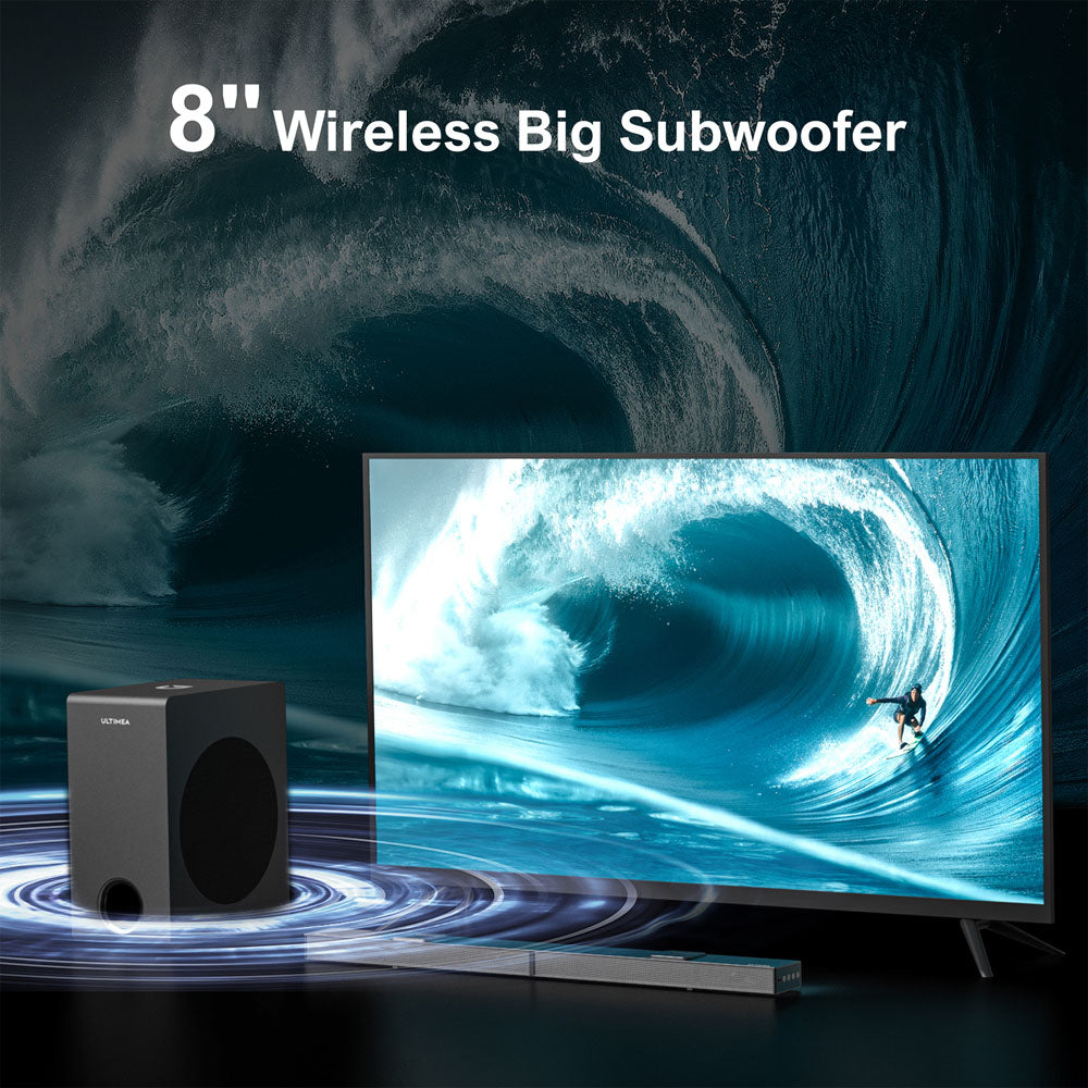 Reproduktorová sada soundbaru Ultimea Nova S80 se subwooferem, 5.1.2 kanálů, průchod 4K HDR, dekódování Dolby Atmos, špičkový výkon 520 W