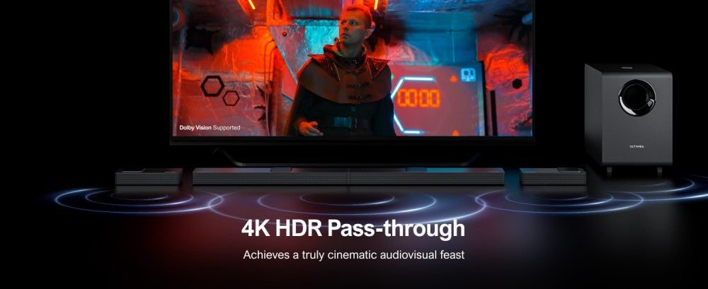 Soundbar Ultimea Nova S90 7.1.4, sada reproduktorů se subwooferem, Dolby Atmos, špičkový výkon 740 W, 4K HDR pass-through, 6 režimů ekvalizéru