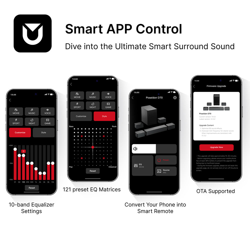 Ultimea Poseidon D70 Soundbar, sada reproduktorů se subwooferem, 7.1 kanálů, 10pásmový ekvalizér, 121 přednastavených ekvalizérů