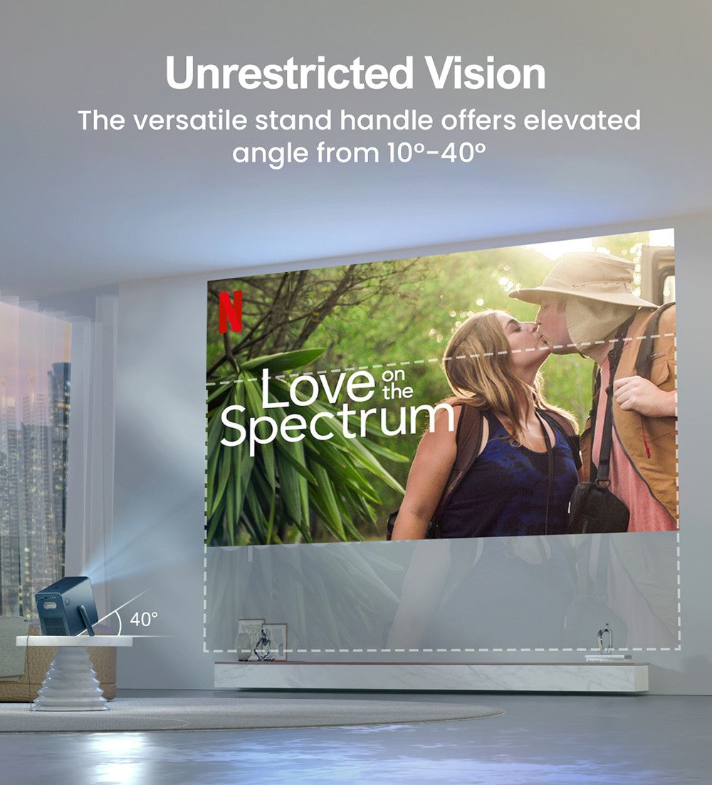 Projektor Ultimea Poseidon E40, 1000 ANSI lumenů, 4K dekódování, nativní rozlišení 1080p, Dolby Audio, 2 x 10W reproduktory, WiFi 6, Bluetooth 5.3