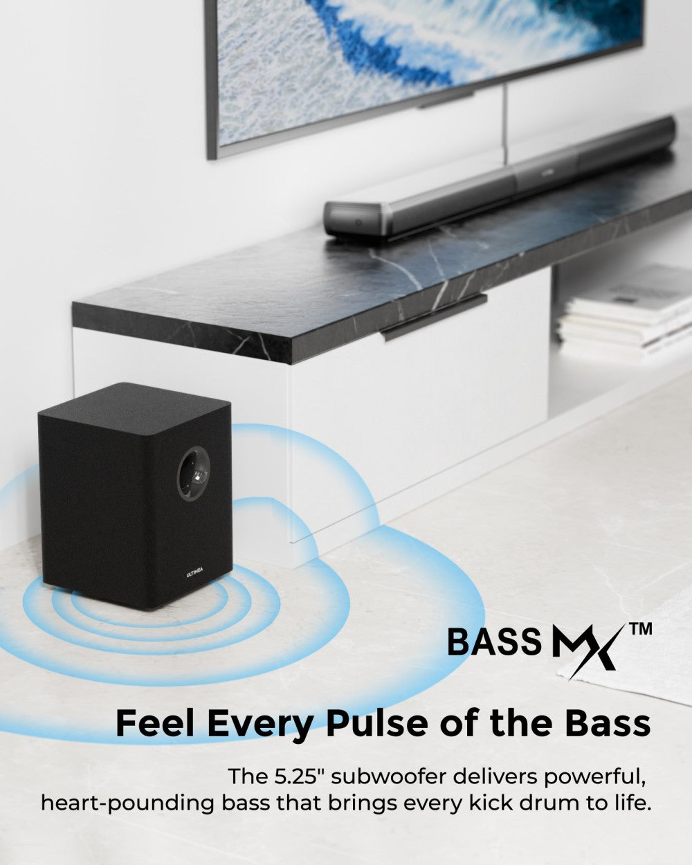 ULTIMEA Apollo S80 5.1 soundbar, chytré ovládání pomocí aplikace, dynamické světelné efekty, nastavení RGB světla a jasu, 121 přednastavených ekvalizérů, odnímatelná konstrukce