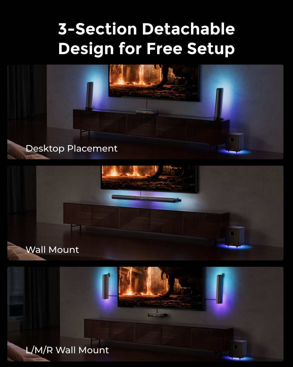 ULTIMEA Apollo S80 5.1 soundbar, chytré ovládání pomocí aplikace, dynamické světelné efekty, nastavení RGB světla a jasu, 121 přednastavených ekvalizérů, odnímatelná konstrukce